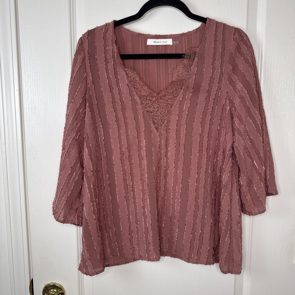 Mustard Seed Womens S Dusty Rose Chiffon Lace V Neck Blouse Textured Stripe Boho
